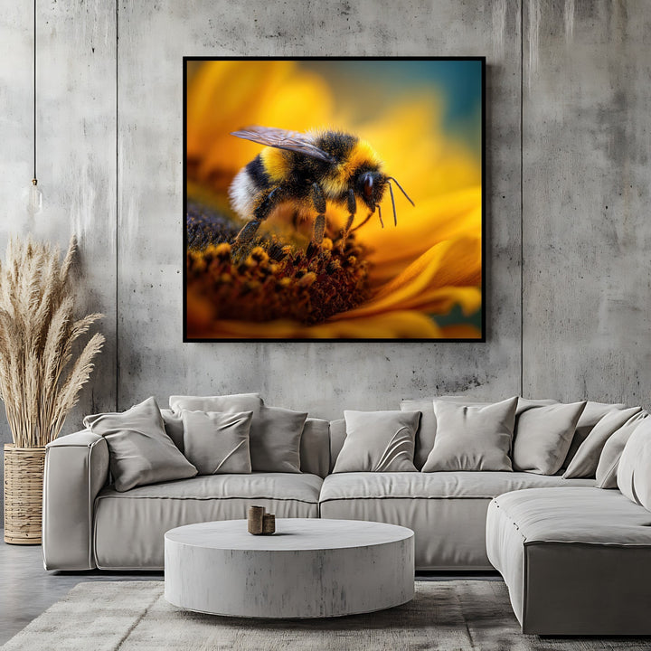 Wadi Home bumblebee on sunflower wall art print in a modern living room with a grey sectional sofa.