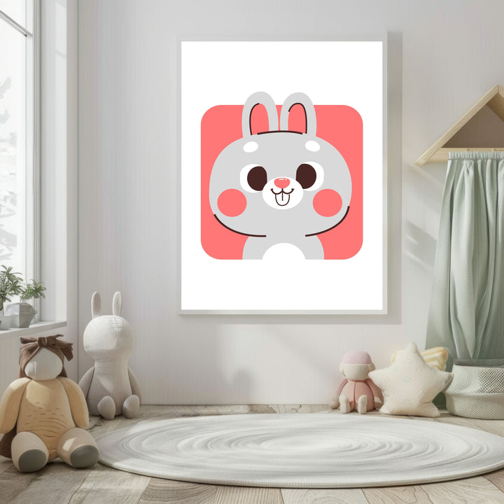 Wadi Home cute grey bunny face nursery art print with coral accents, perfect for a child's room.