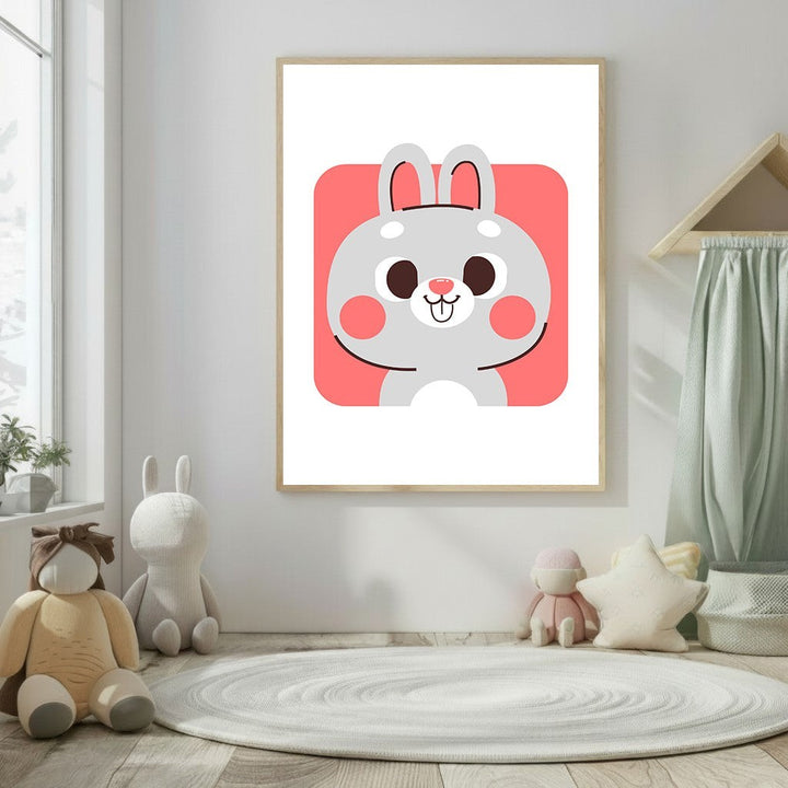 Wadi Home grey and coral bunny face nursery art print. Features a cute, smiling bunny with pink cheeks and big eyes.
