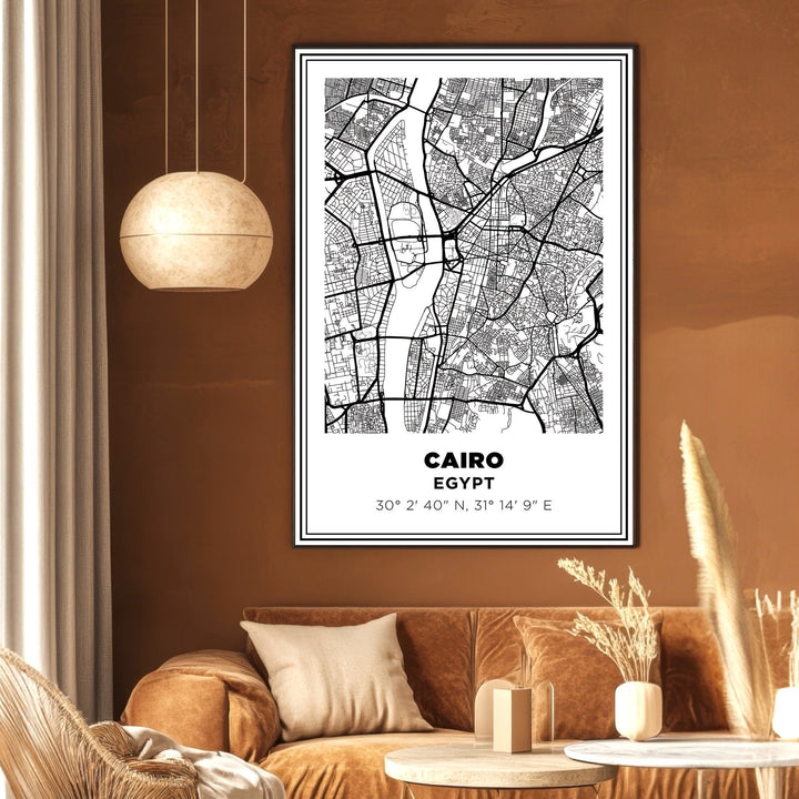 Wadi Home minimalist black and white Cairo Egypt map wall art print featuring city streets and coordinates in a living room