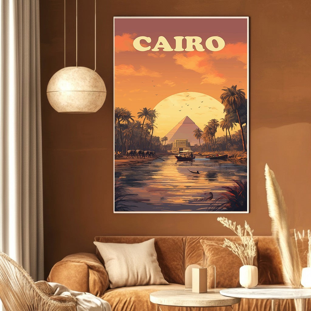 Wadi Home Cairo Egypt travel poster featuring pyramids and Nile river at sunset in a modern living room setting.