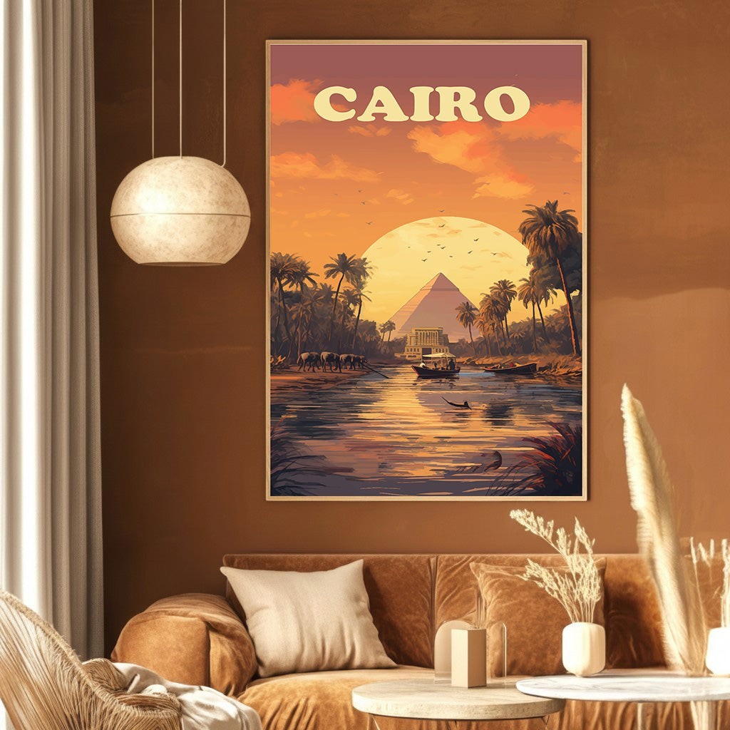 Wadi Home Cairo travel poster featuring pyramids and Nile River at sunset in warm orange and purple tones on a wall.