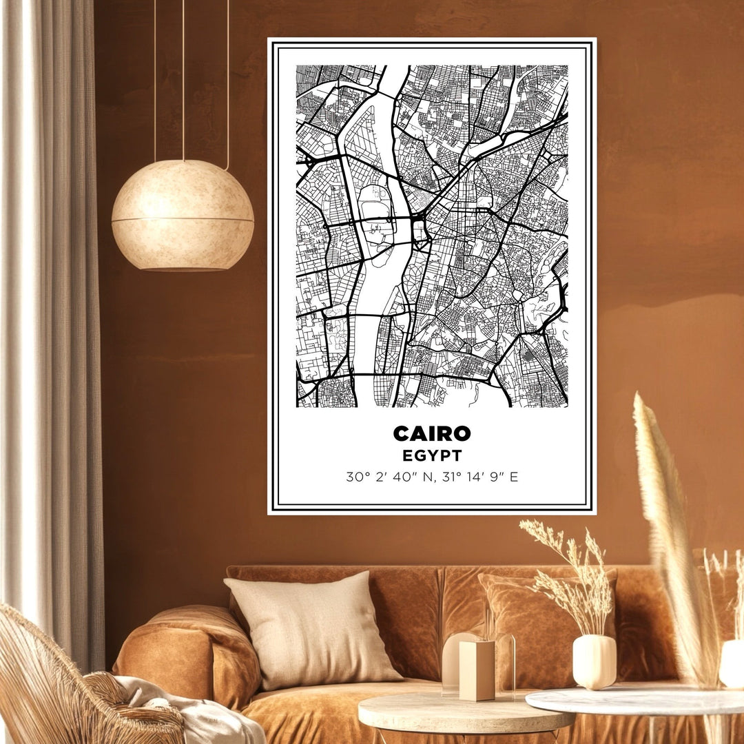 Wadi Home minimalist black and white Cairo Egypt map wall art print featuring city streets and coordinates.