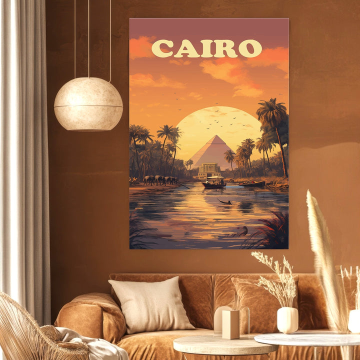 Wadi Home Cairo travel poster featuring pyramids and Nile River at sunset in warm orange and purple tones on wall