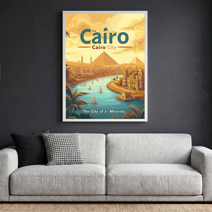 Wadi Home Cairo travel poster featuring pyramids and the Nile in amber and teal tones, displayed in a white frame.