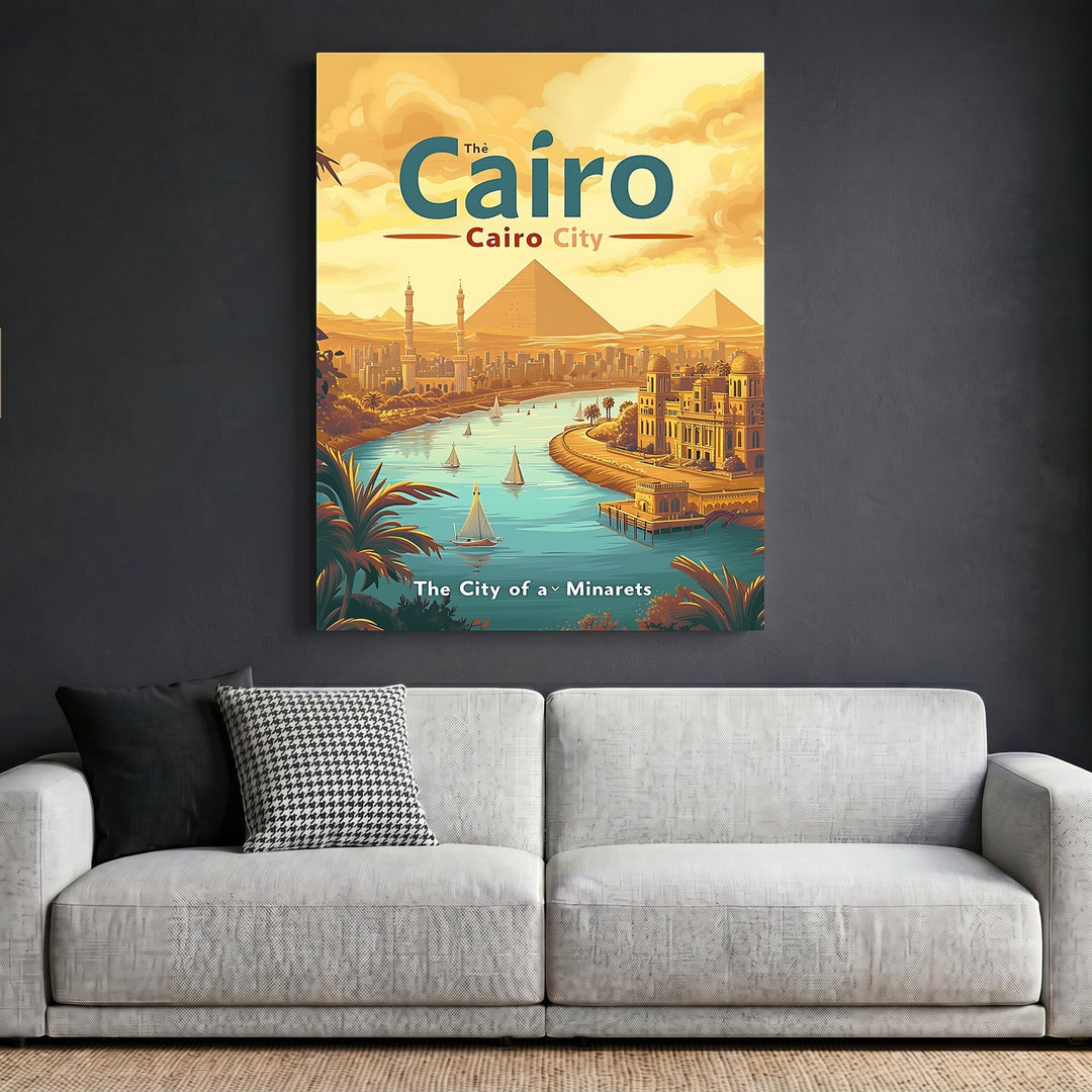 Wadi Home Cairo travel poster featuring pyramids and the Nile in amber and teal tones hanging above a grey sofa.