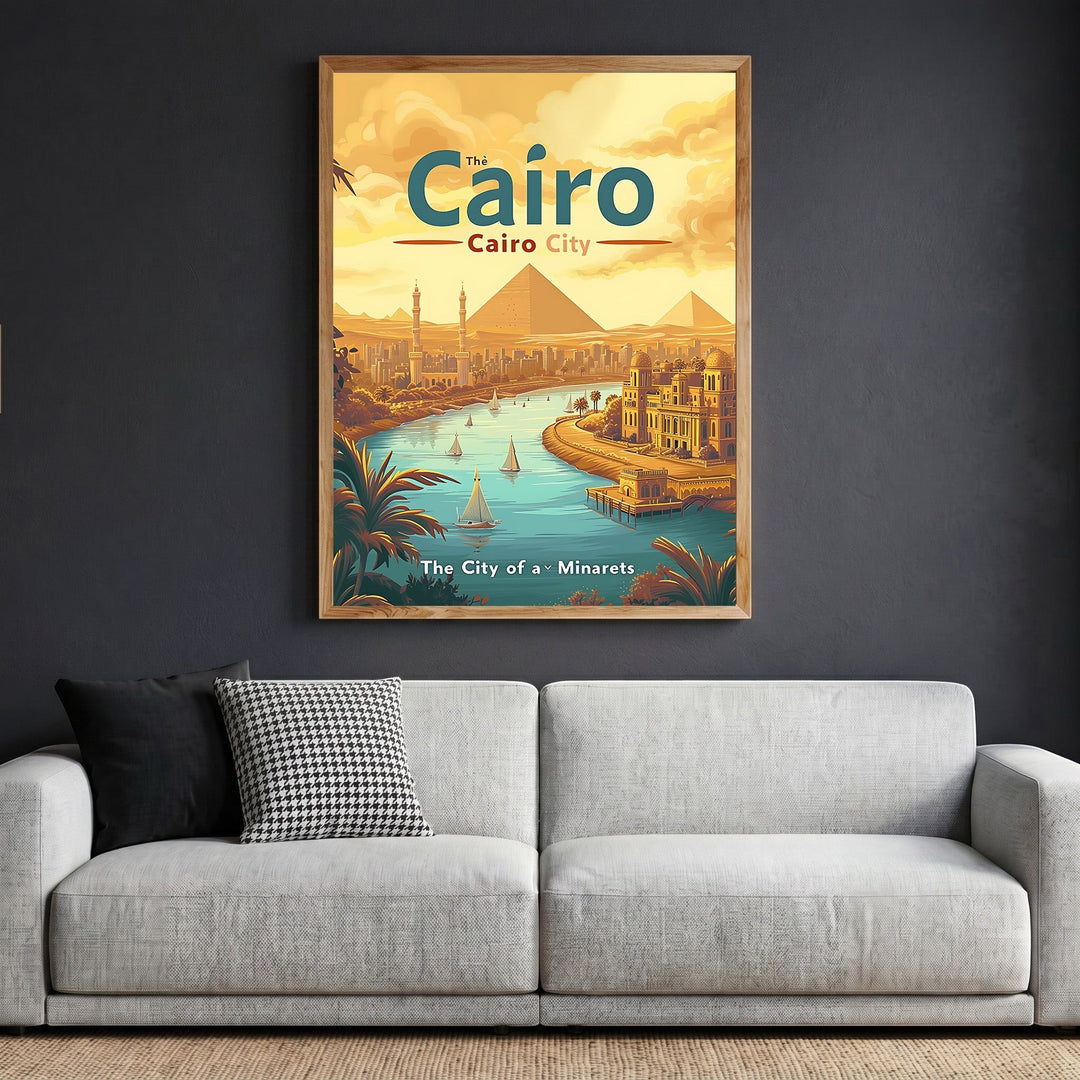 Wadi Home Cairo travel poster in a wooden frame hanging above a modern grey sofa in a living room.