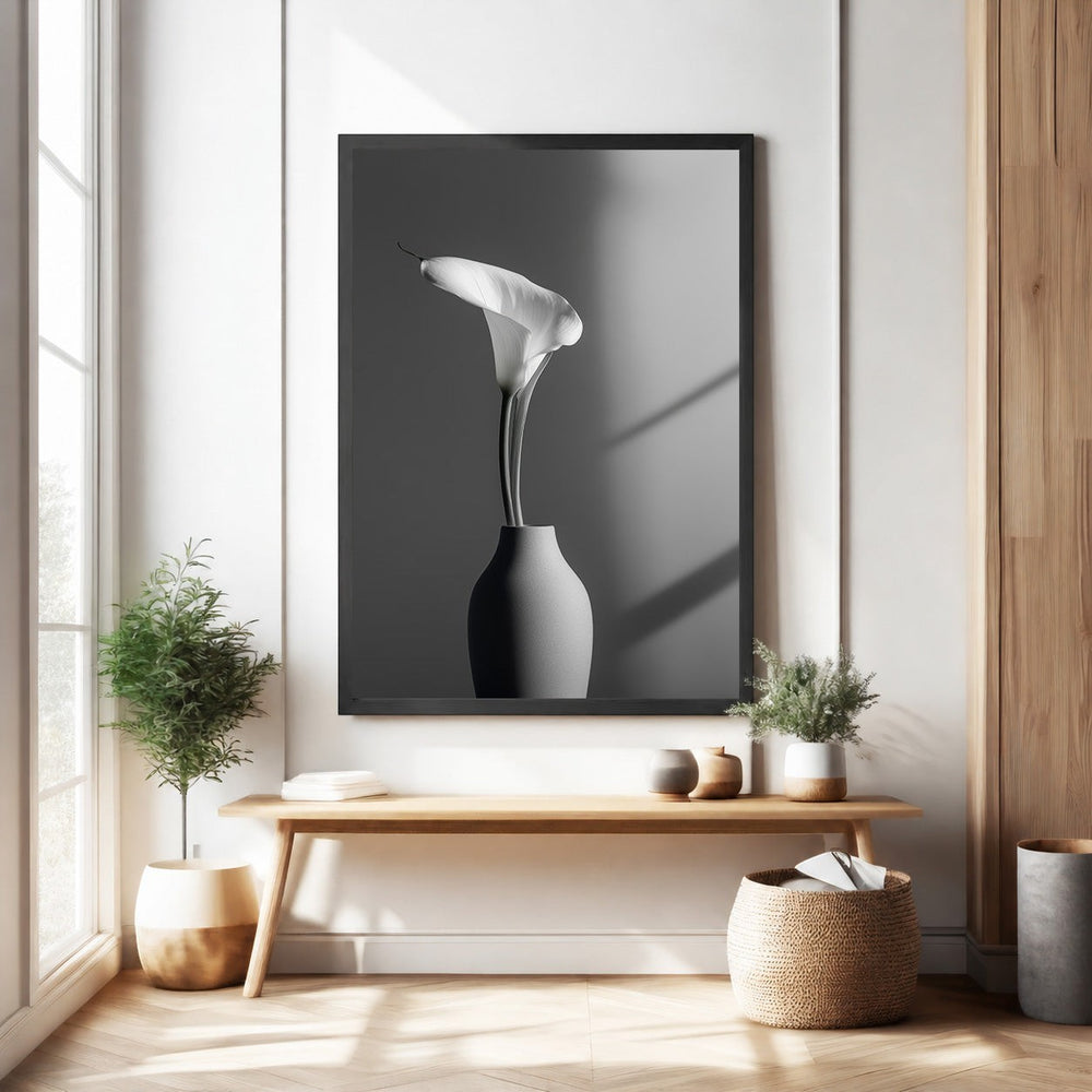 Wadi Home elegant white calla lily botanical art print in a minimalist vase, monochromatic palette, soft lighting.