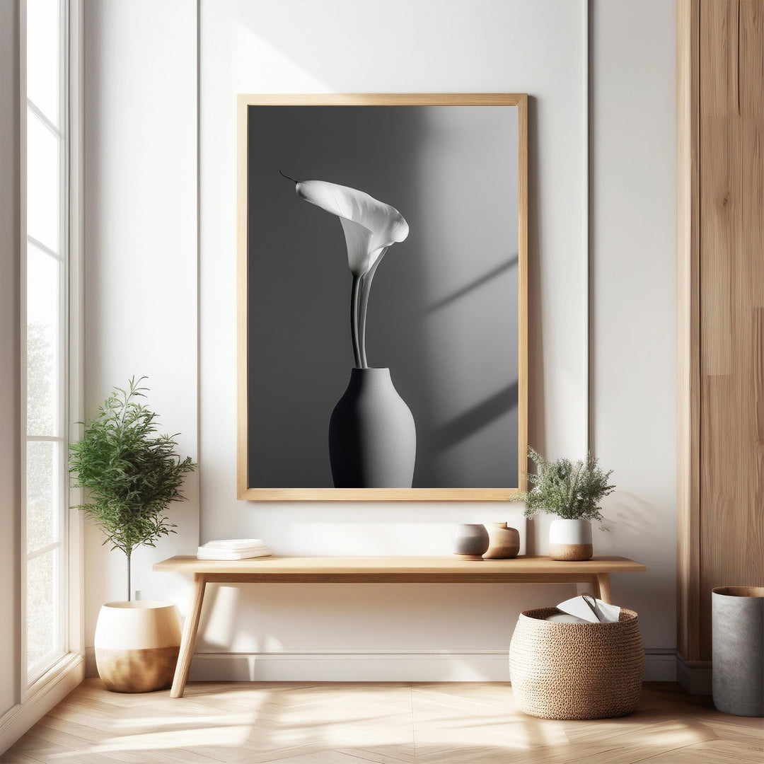 Wadi Home elegant white calla lily botanical art print in a minimalist vase, modern decor.