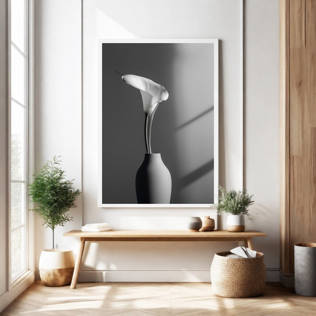 Wadi Home elegant white calla lily botanical art print in minimalist vase, monochromatic, serene, sophisticated.
