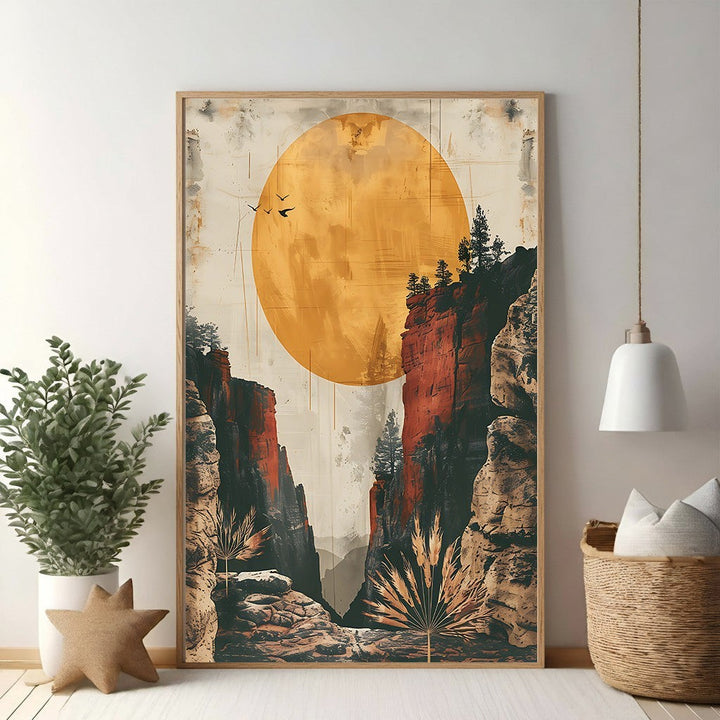 Wadi Home framed art print of a canyon landscape with a large orange sun and birds flying.