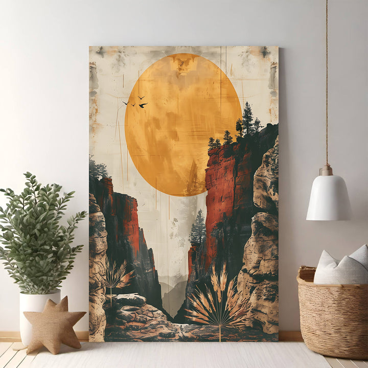 Wadi Home abstract landscape art print featuring a large orange sun over a canyon with red rock formations and silhouetted trees.