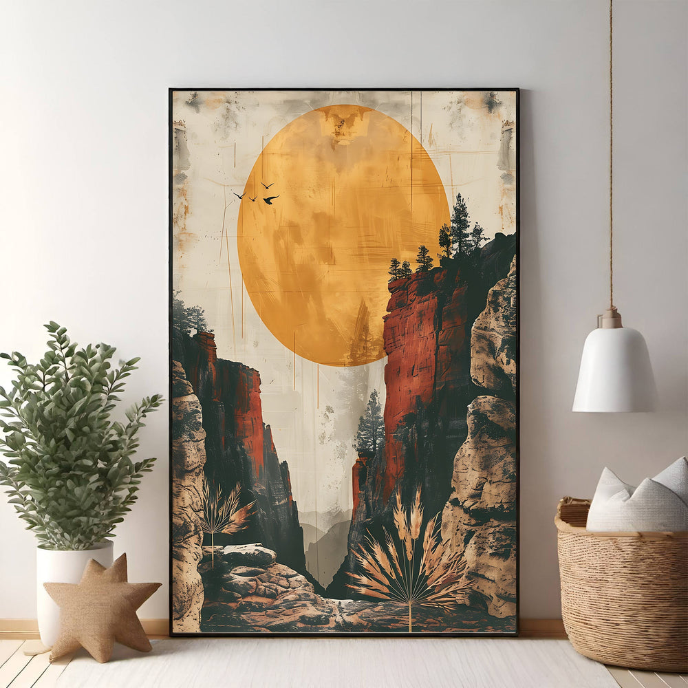 Wadi Home framed landscape art print of a canyon at sunset with a large orange sun and silhouetted birds.