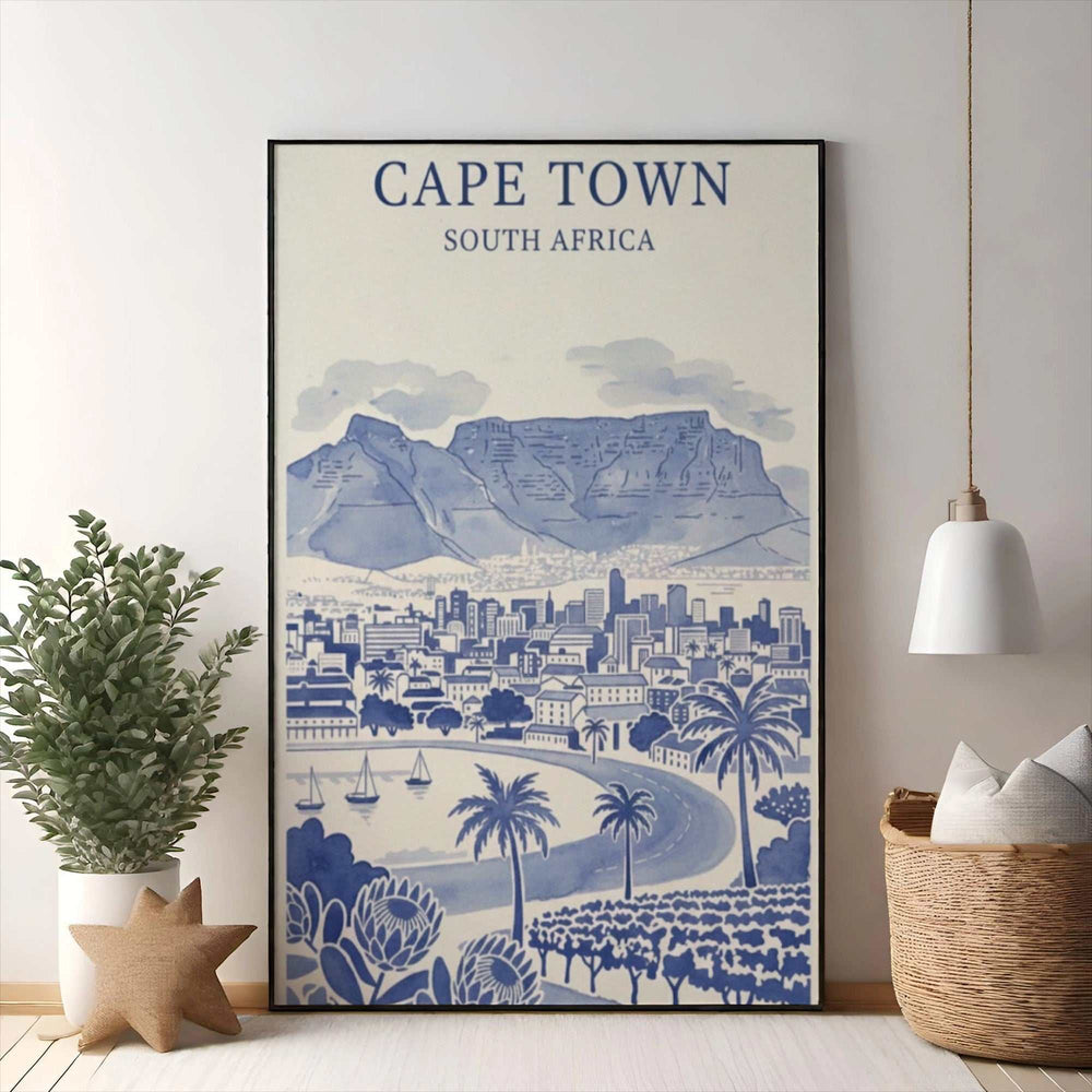 Wadi Home Cape Town South Africa watercolor art print featuring Table Mountain and city skyline in blue and white.
