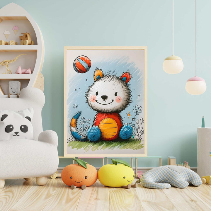 Wadi Home cartoon bear playing with a ball wall art, featuring a white and red bear with blue paws and a striped tail.