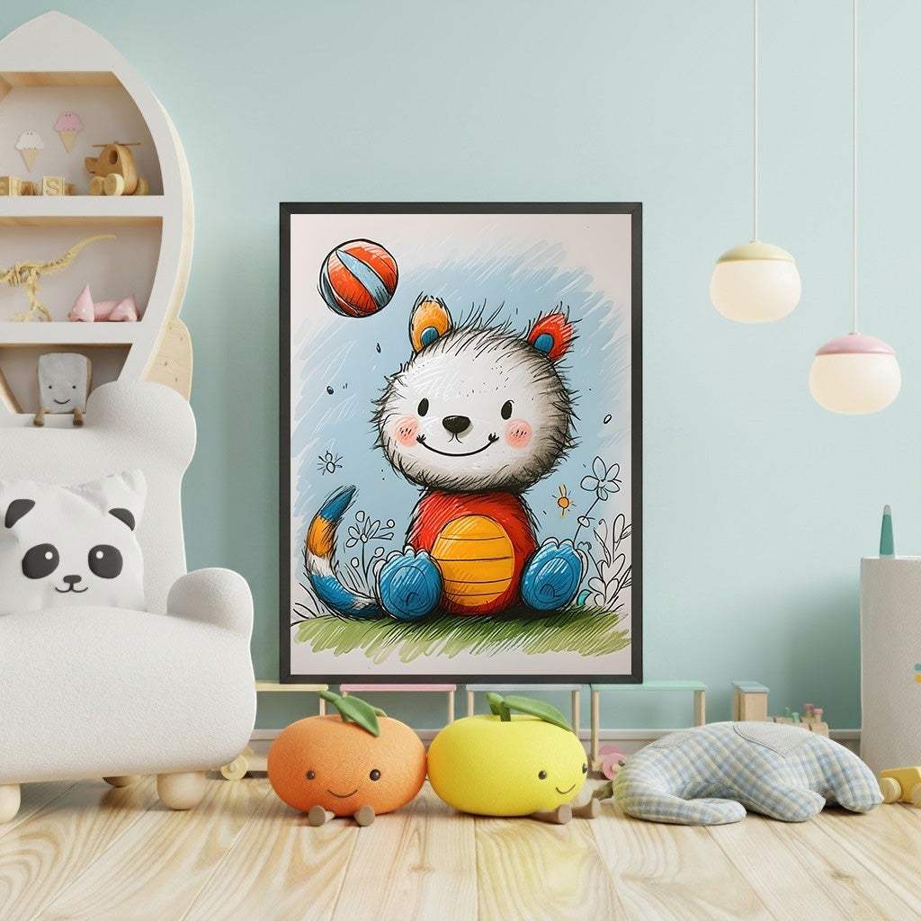 Wadi Home framed cartoon bear wall art with a ball, featuring a white, red, and blue bear cub sitting in grass with a ball above its head.