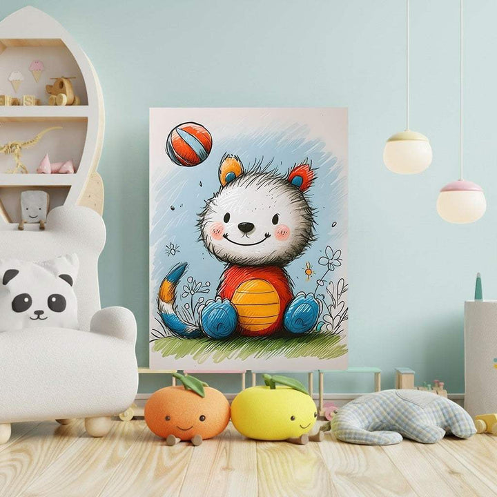 Wadi Home cartoon bear playing with a ball wall art for kids' room. Features a white bear with red and blue accents, sitting on grass with flowers.