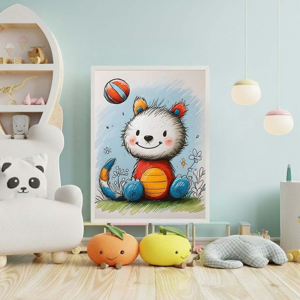 Wadi Home cartoon bear wall art featuring a white bear cub in a red and yellow outfit playing with a ball. The artwork is framed and displayed in a child's room.