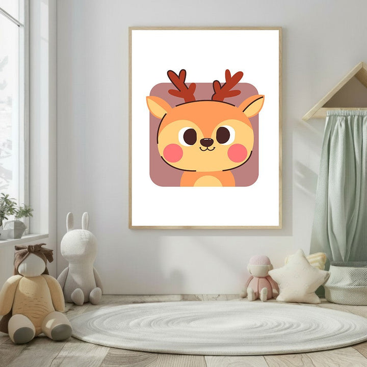 Wadi Home cartoon deer portrait wall art for kids room, featuring a smiling orange deer with pink cheeks and brown antlers.