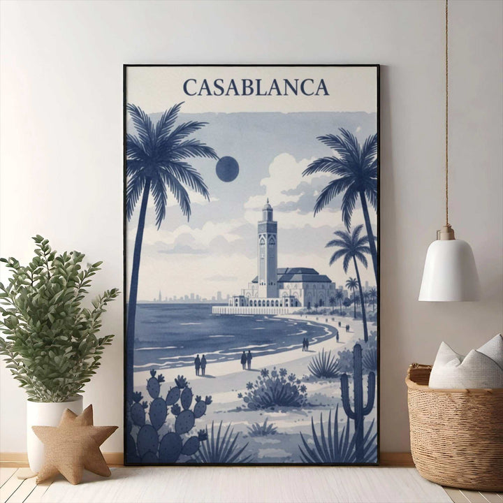 Wadi Home Casablanca coastal landscape poster featuring Hassan II Mosque, palm trees, and beach in blue watercolor style.