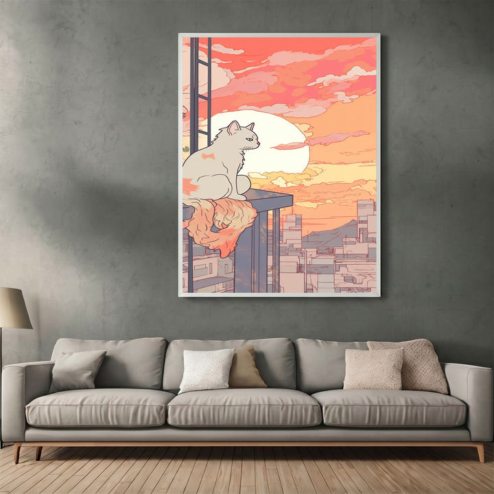 Wadi Home framed wall art featuring a cat sitting on a rooftop overlooking a sunset cityscape in orange and pink tones.