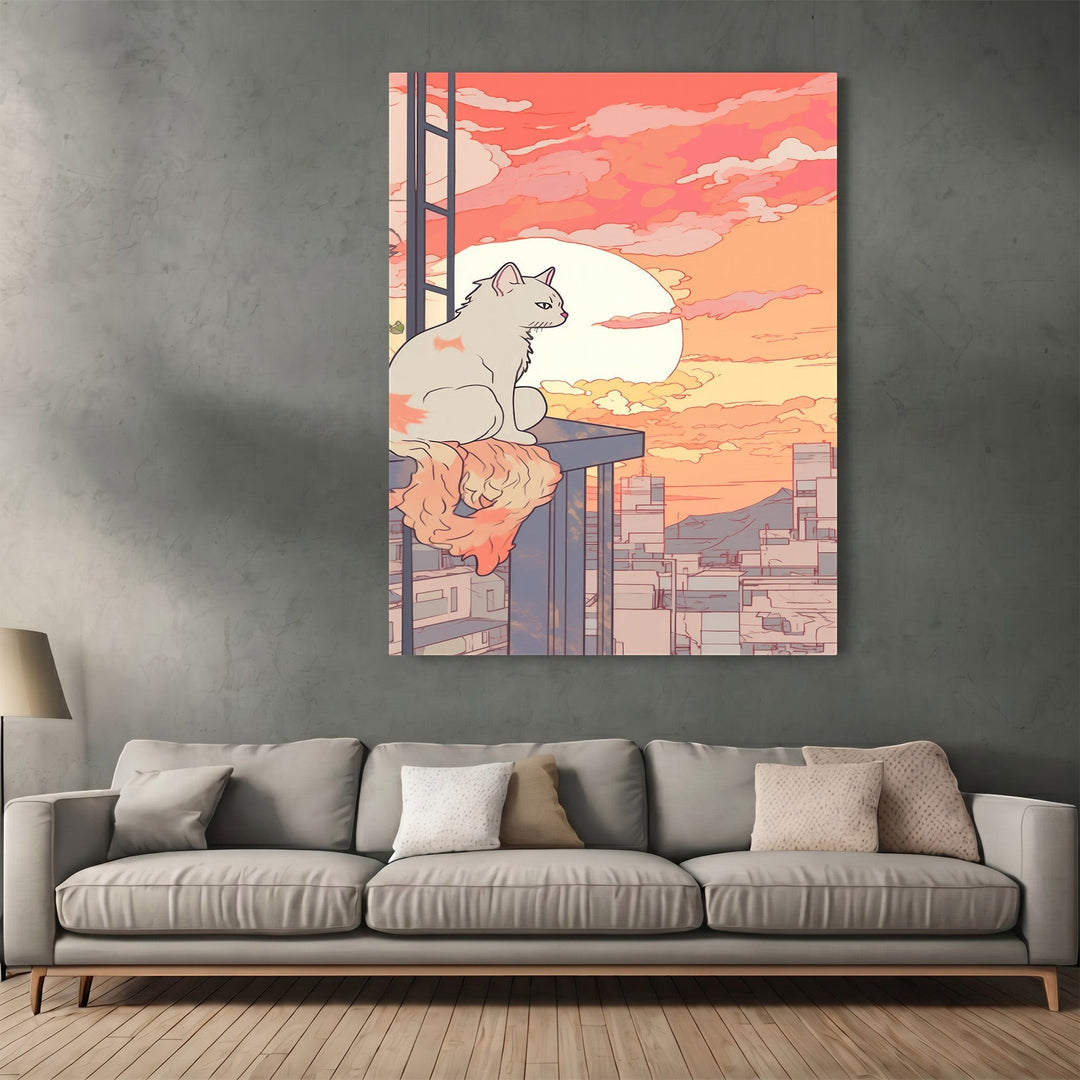 Wadi Home framed wall art print featuring a white cat sitting on a rooftop overlooking a sunset cityscape.