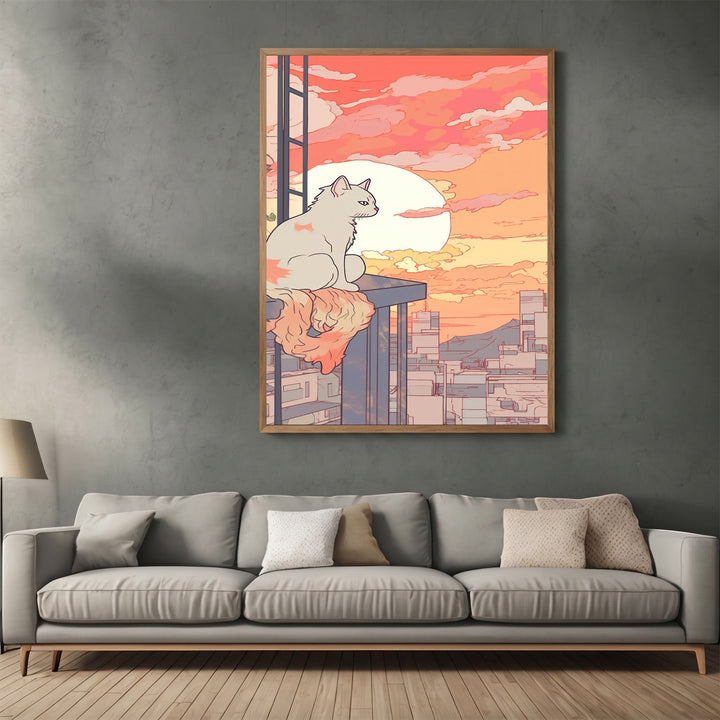 Wadi Home framed wall art print featuring a cat sitting on a rooftop overlooking a sunset cityscape in warm tones.