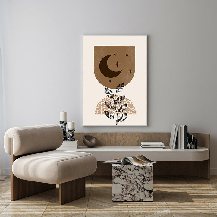 Wadi Home abstract celestial botanical wall art with crescent moon, stars, and plant in brown and cream.