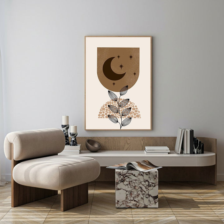 Wadi Home abstract celestial botanical wall art with crescent moon, stars, and plant in brown and cream.