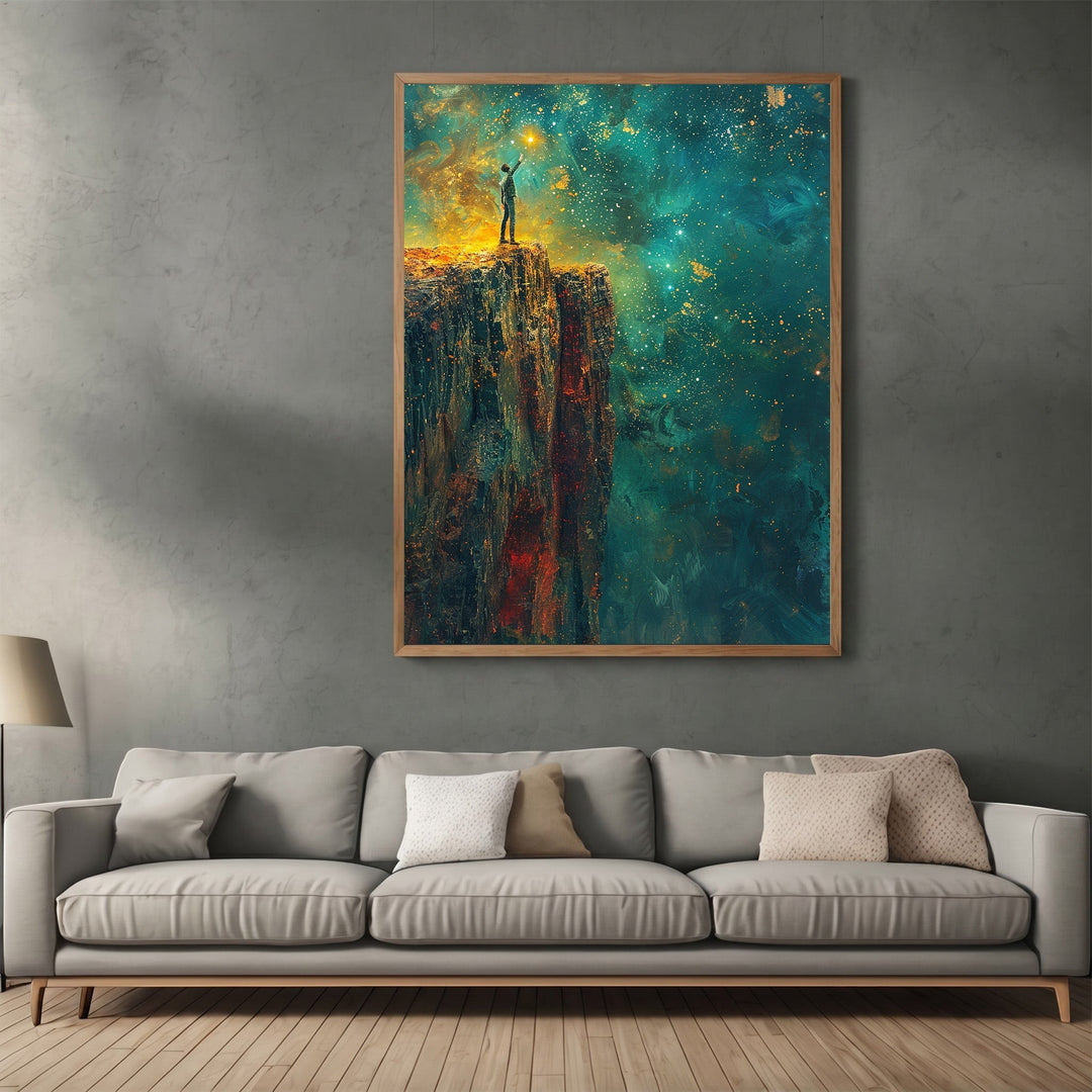 Wadi Home abstract celestial cliffside wall art print featuring a figure on a cliff under a teal and amber nebula.