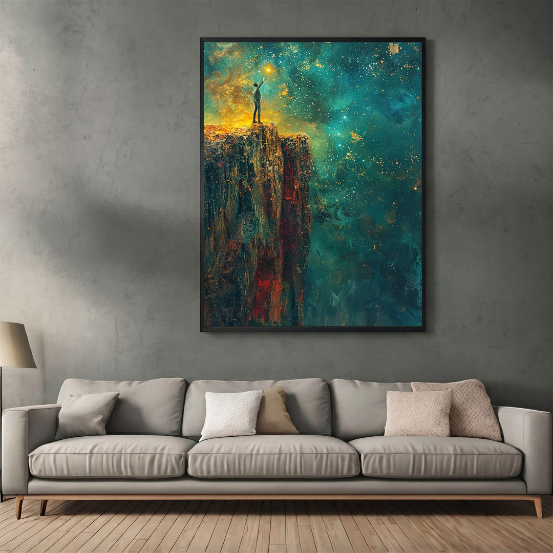 Wadi Home abstract celestial cliffside wall art print featuring a figure on a cliff against a vibrant nebula sky.