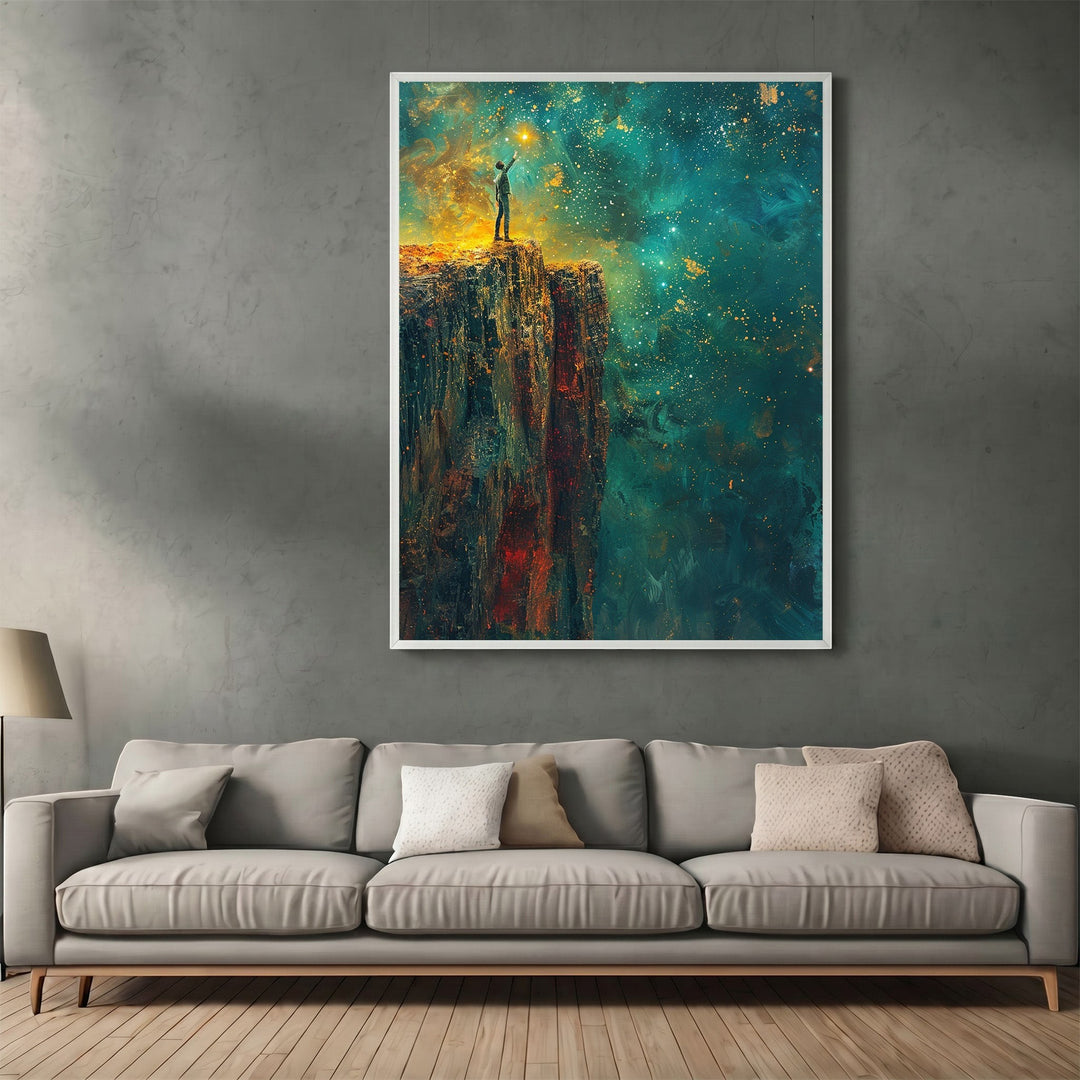 Wadi Home abstract celestial cliffside wall art print featuring a figure on a cliff against a vibrant nebula sky.