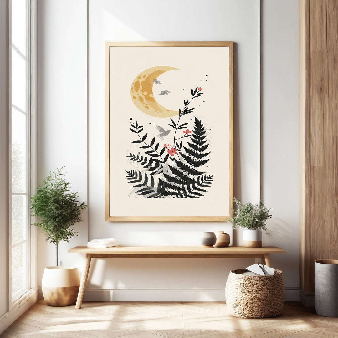 Wadi Home Celestial Fern Garden wall art featuring a yellow crescent moon, ferns, birds, and pink flowers on a cream background.