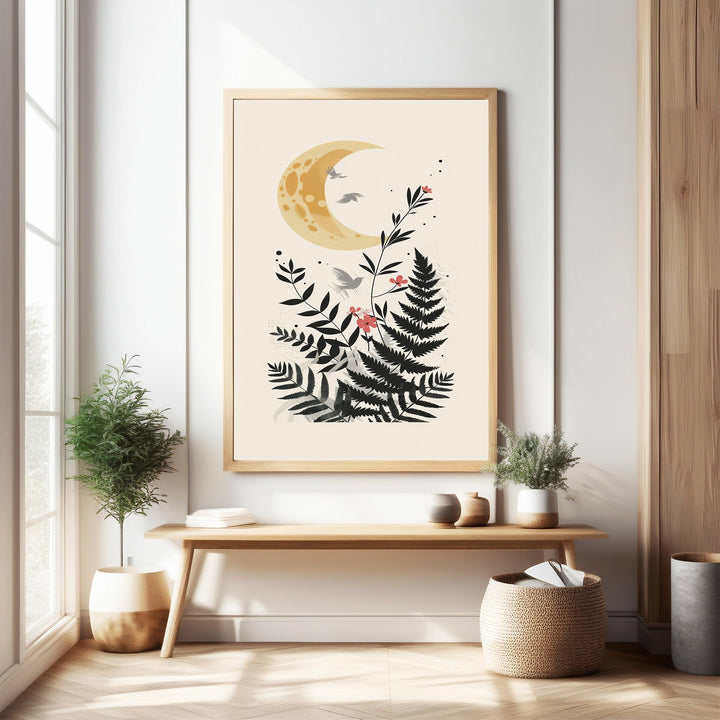 Wadi Home Celestial Fern Garden wall art featuring a yellow crescent moon, ferns, birds, and pink flowers on a cream background.
