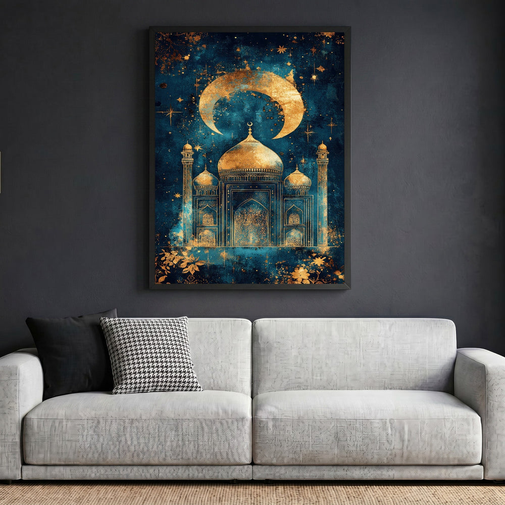 Wadi Home celestial mosque wall art print with gold crescent moon and stars on a deep blue background above a sofa.
