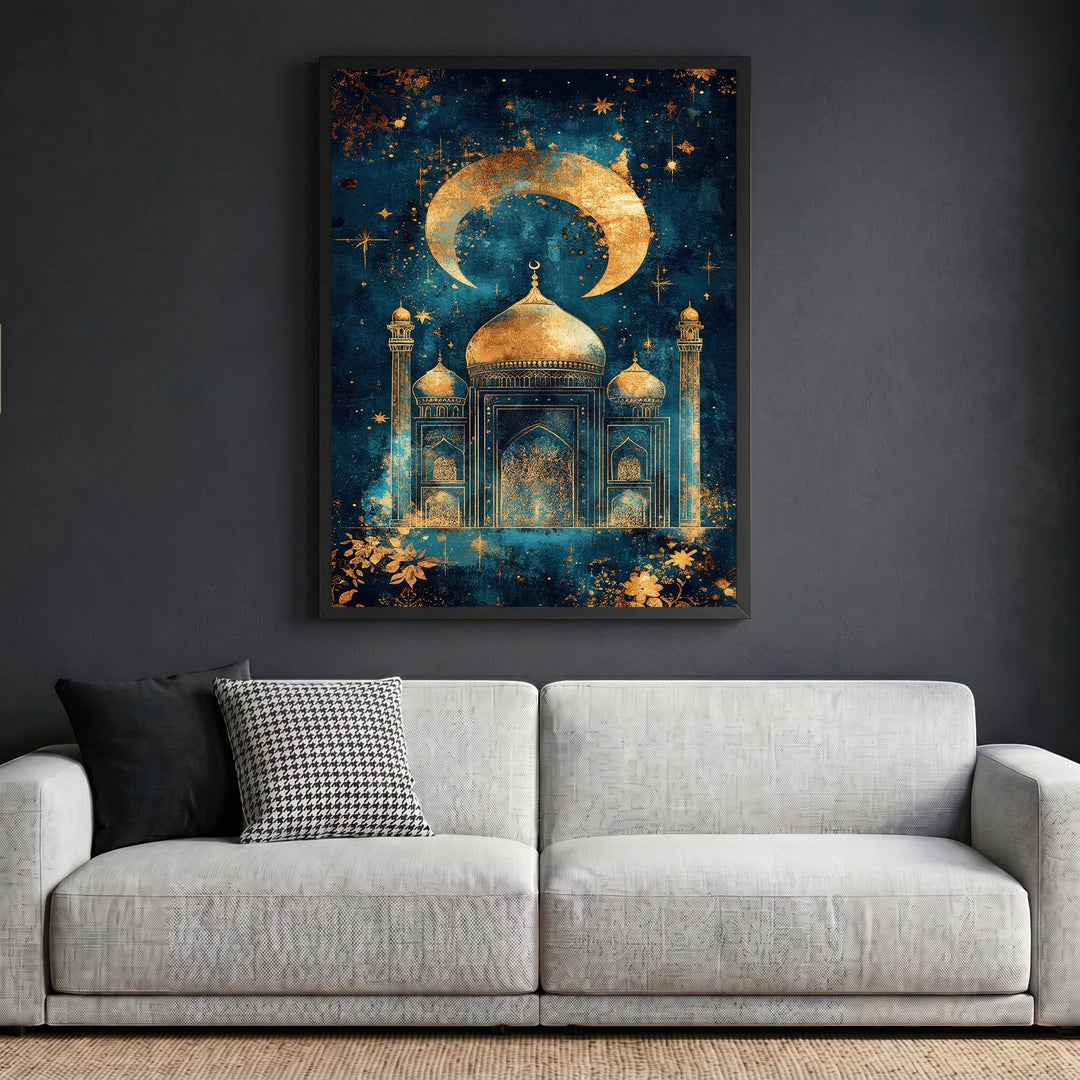 Wadi Home celestial mosque wall art print with gold crescent moon and stars on a deep blue background above a sofa.