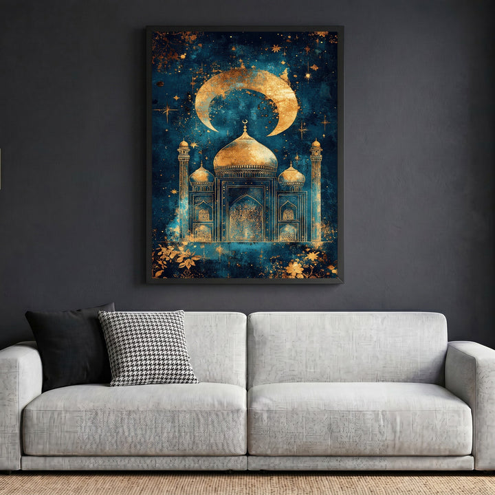 Wadi Home celestial mosque wall art print with gold crescent moon and stars on a deep blue background above a sofa.