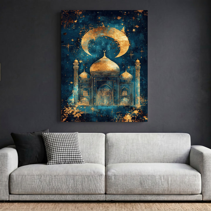Wadi Home celestial mosque wall art print featuring a golden silhouette and crescent moon on a midnight blue background.