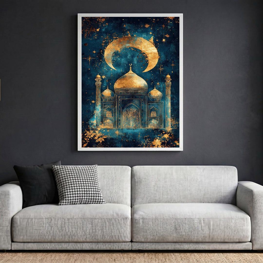 Wadi Home celestial mosque wall art print featuring a golden crescent moon and mosque silhouette on a blue background.