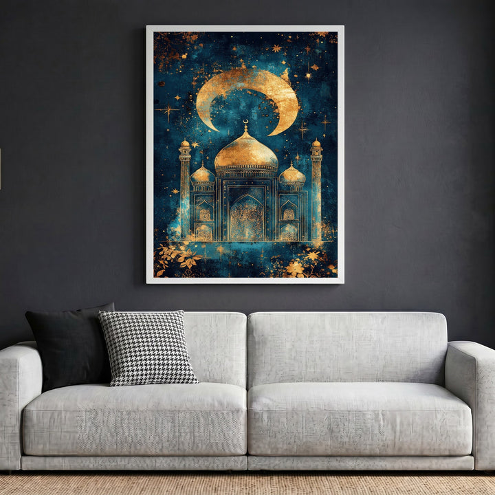 Wadi Home celestial mosque wall art print featuring a golden crescent moon and mosque silhouette on a blue background.