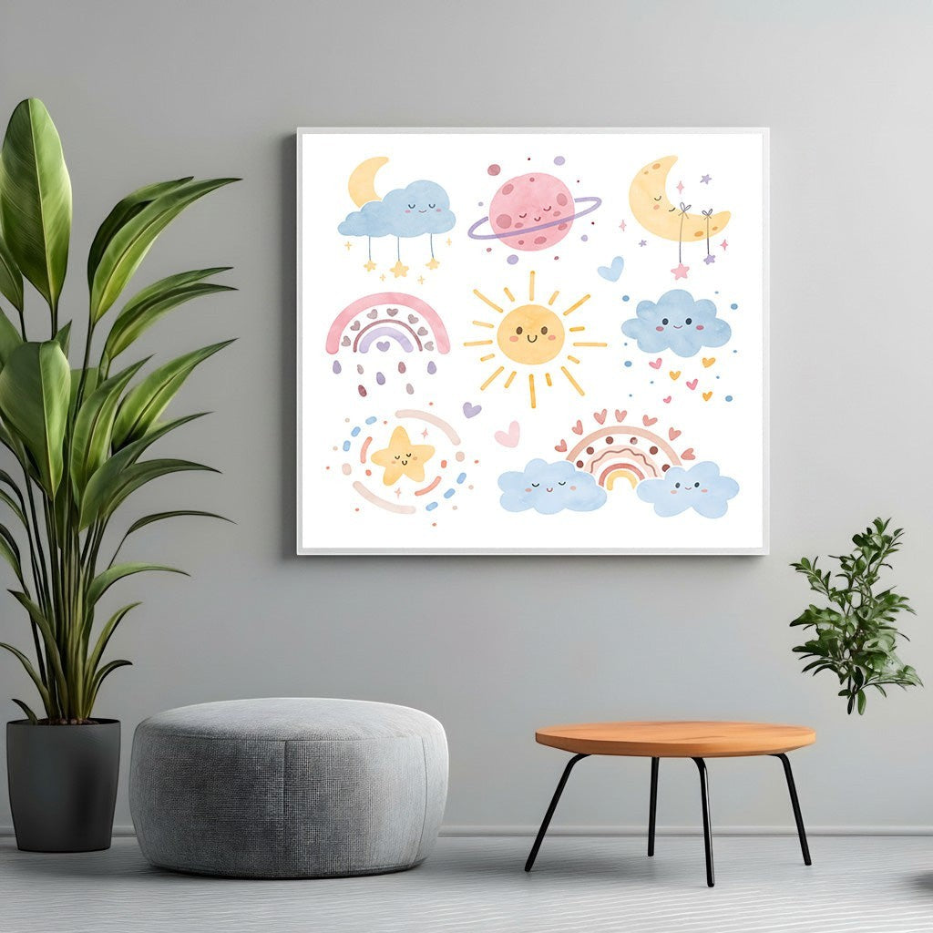 Wadi Home whimsical celestial nursery wall art print featuring pastel smiling suns, moons, and rainbows in a frame.