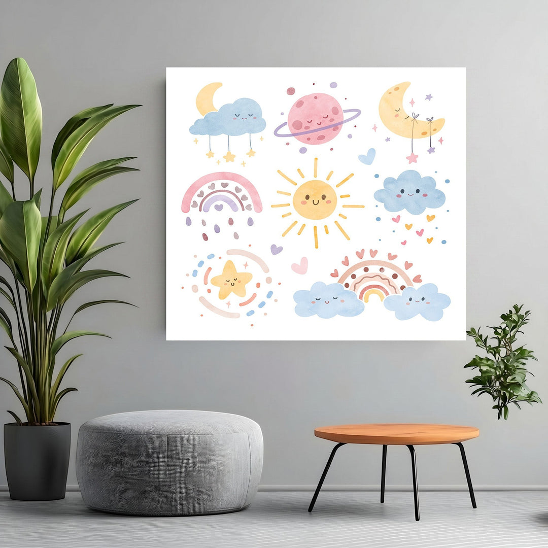 Wadi Home whimsical celestial nursery wall art print featuring smiling suns, moons, and pastel rainbows in a room.