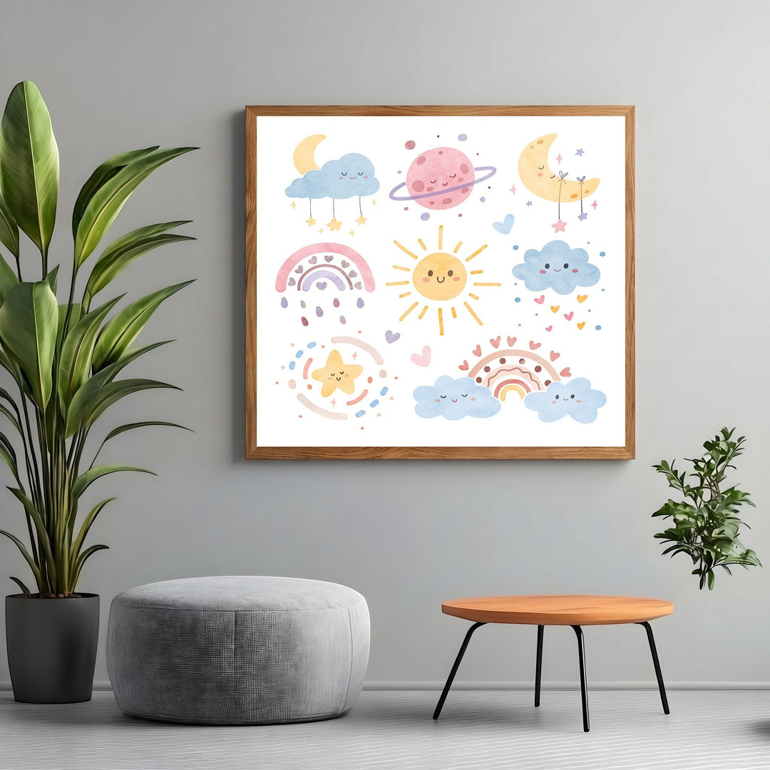 Wadi Home whimsical celestial nursery wall art print with smiling sun, moon, and pastel rainbows in a wooden frame.