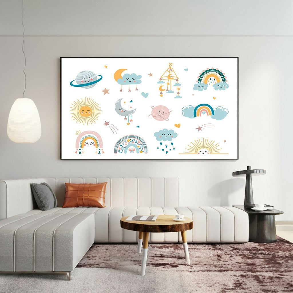 Wadi Home celestial nursery wall art featuring smiling suns, moons, and rainbows in soft tones above a modern sofa.