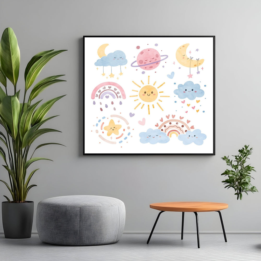 Wadi Home celestial nursery wall art print featuring smiling suns, moons, and pastel rainbows in a framed display.