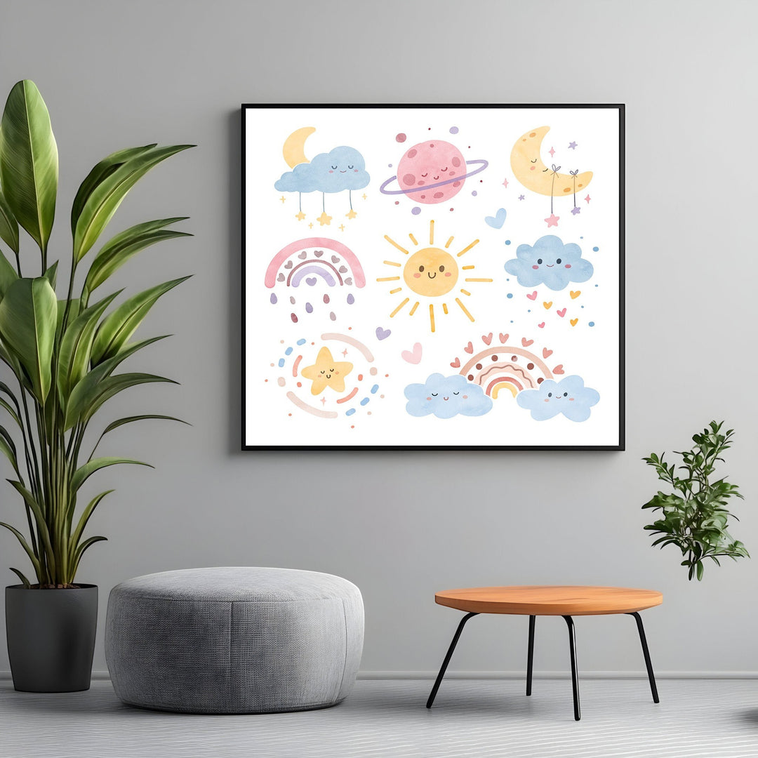 Wadi Home celestial nursery wall art print featuring smiling suns, moons, and pastel rainbows in a framed display.