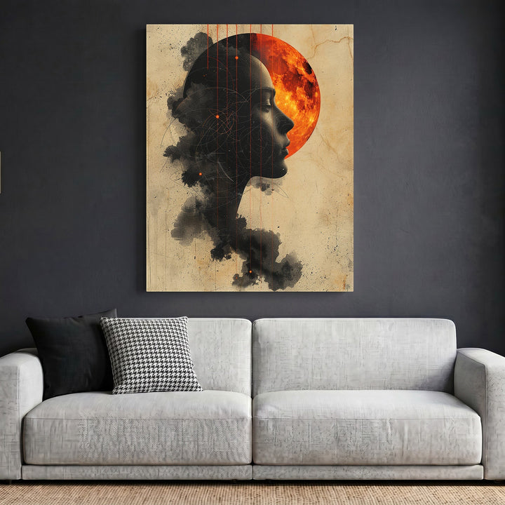 Wadi Home surreal celestial profile wall art featuring a silhouette against a red moon on a parchment background.