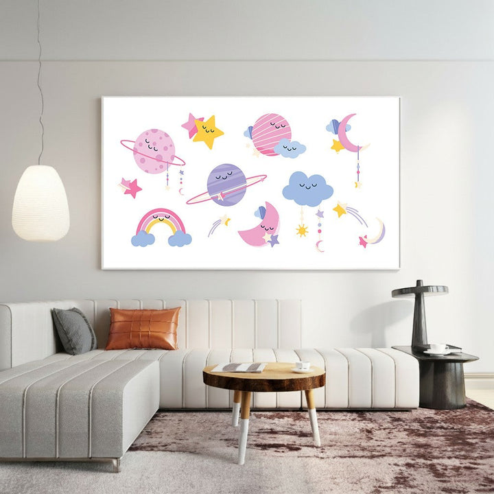 Wadi Home whimsical celestial wall art print featuring smiling planets, moons, and stars in pastel pink and blue.
