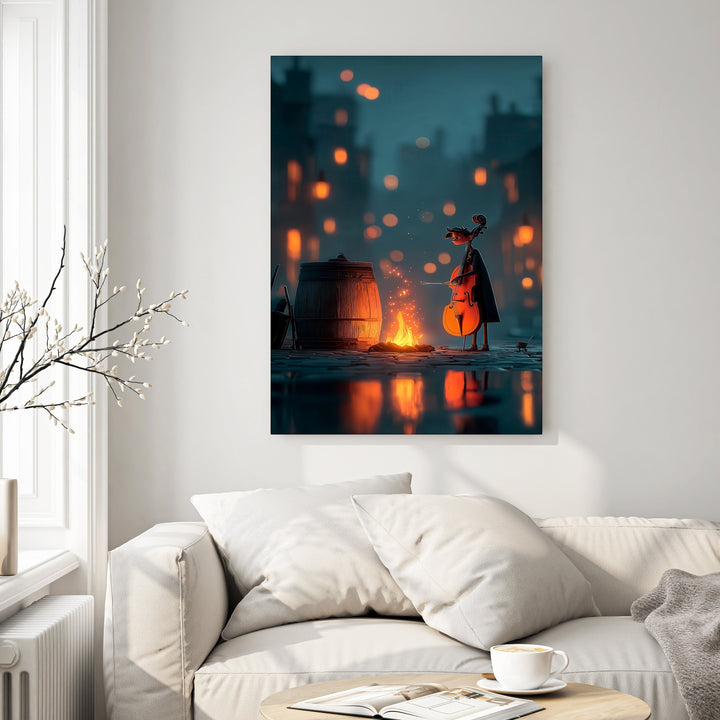 Wadi Home artwork of a cellist playing by a fire in a bokeh-lit city street at night. Warm firelight reflects on wet pavement.