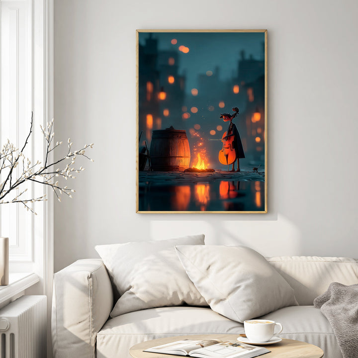 Wadi Home artwork: Cellist by a fire in a bokeh-lit city street at night. Warm orange firelight reflects on wet cobblestones.